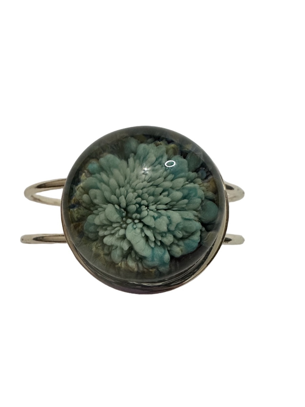 Glass Dome Resin Floral Cuff Bracelet with Teal Flower Silver Band Open Back